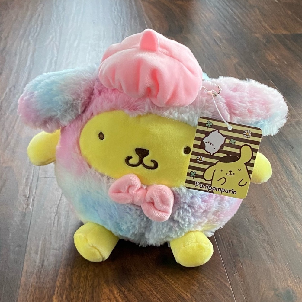 NWT Sanrio Pompompurin Pouch Fluffy Rainbow Design Plush Case 8”